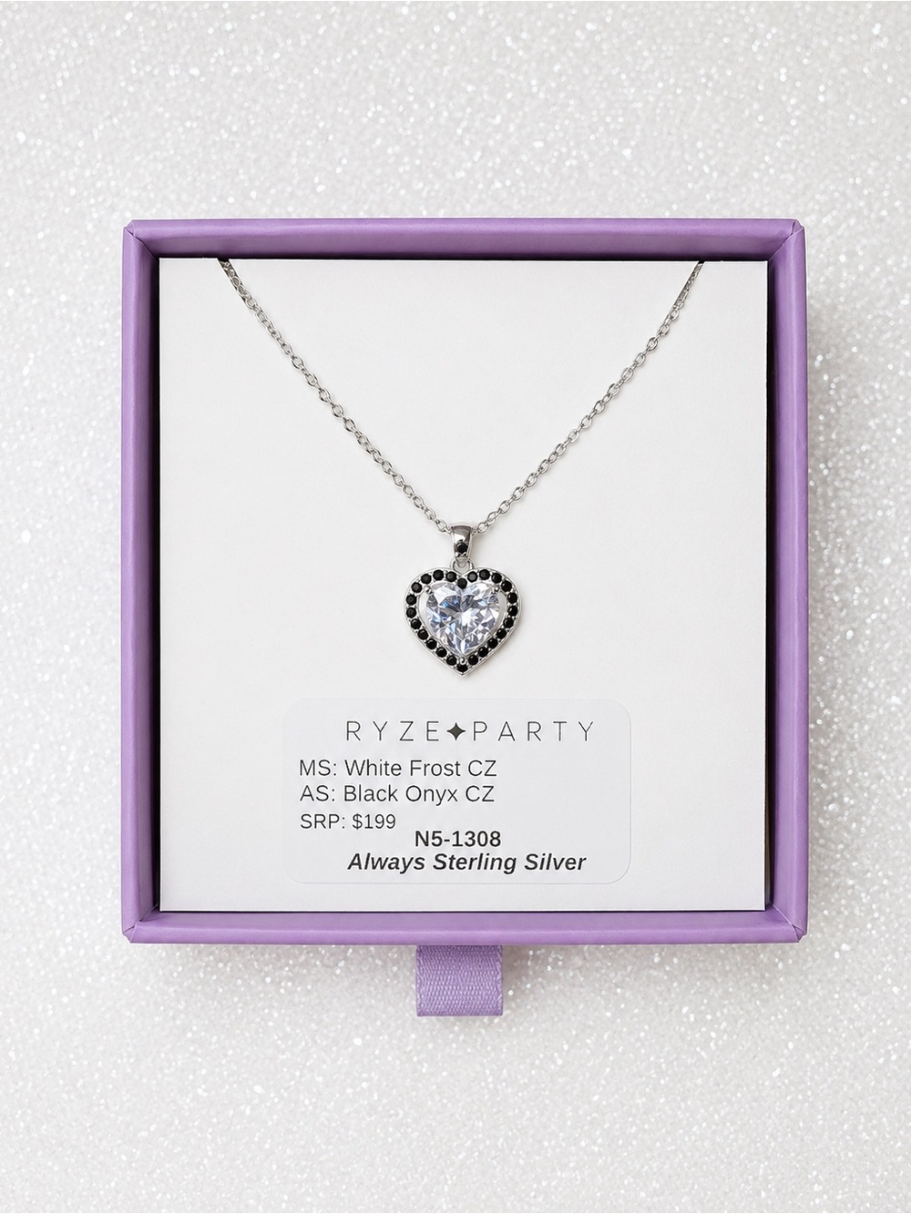 .925 Sterling Heart Pendant Necklace White Frost CZ and Black Onyx Accents